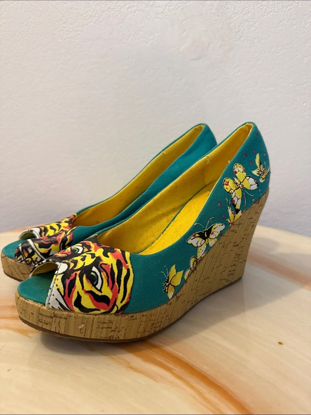 Ed Hardy Women’s Teal Butterfly Print Cork Wedge